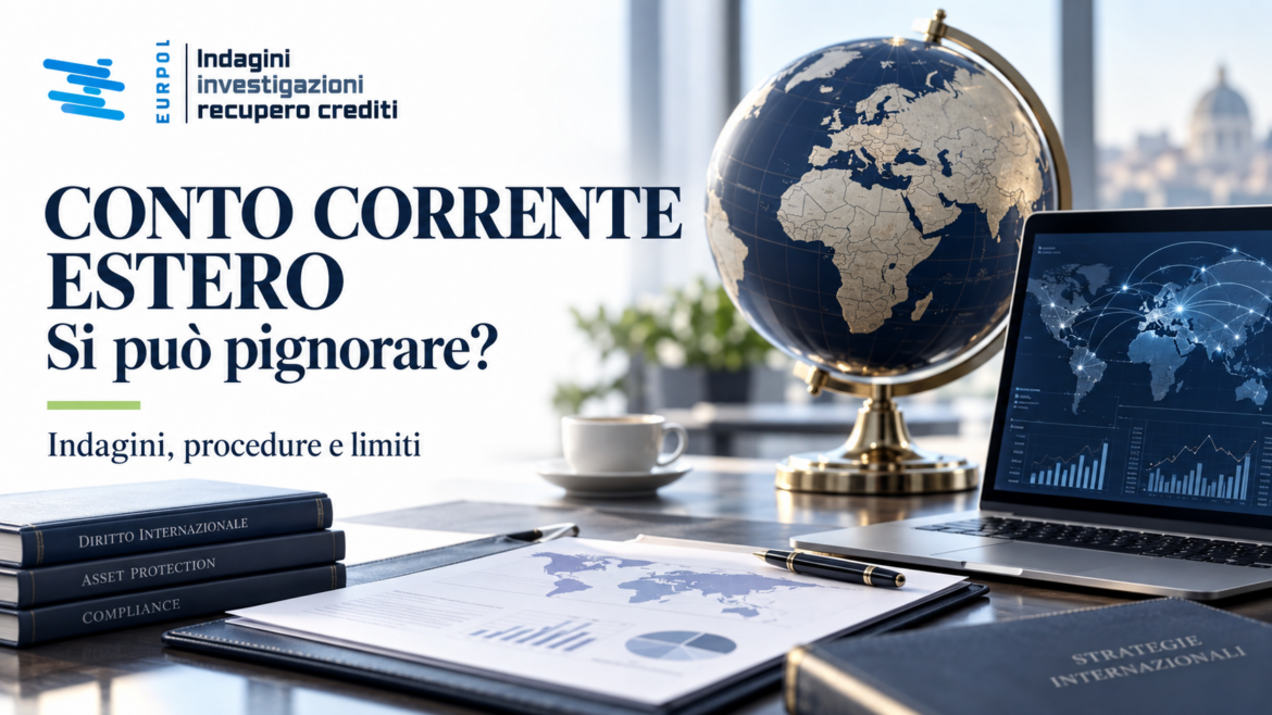 Conto corrente estero: documenti, globo e analisi finanziaria con logo Europol Investigazioni