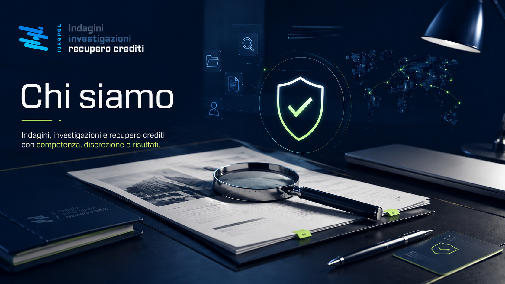 Immagine rappresentativa della pagina Chi siamo di Europol Investigazioni, con scrivania investigativa, lente di ingrandimento, documenti e simboli di verifica e sicurezza.