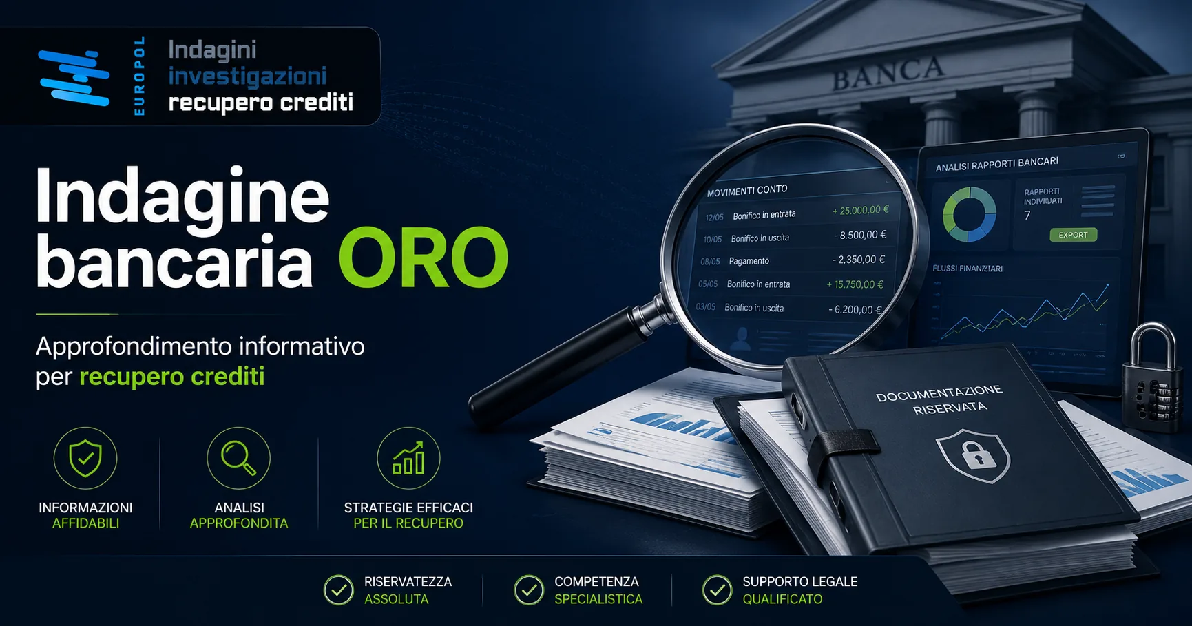 Indagine bancaria ORO di Europol Investigazioni, rappresentazione grafica di un approfondimento informativo sui rapporti bancari per recupero crediti.