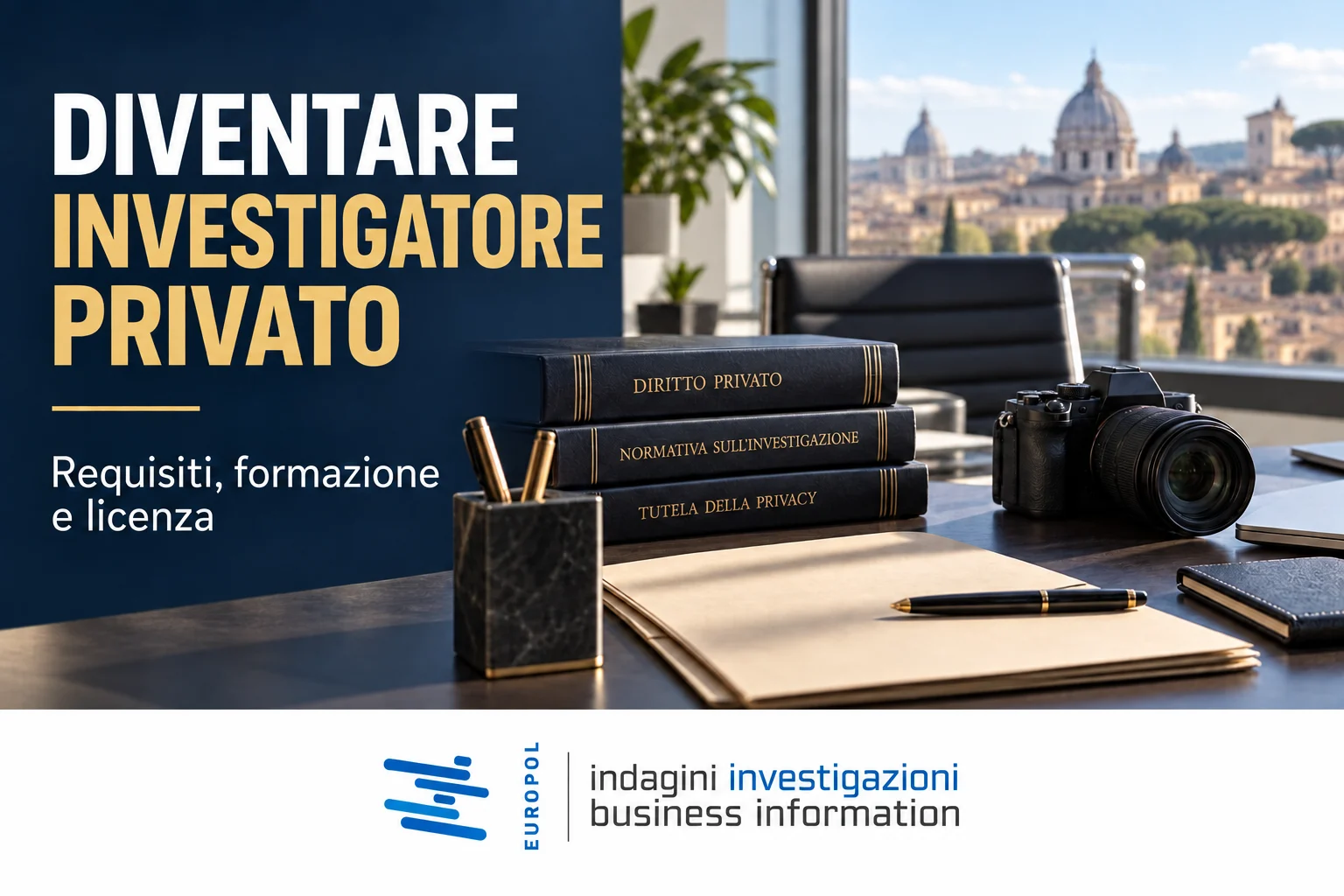 Copertina della guida ai requisiti per diventare investigatore privato, con libri, macchina fotografica e logo Europol