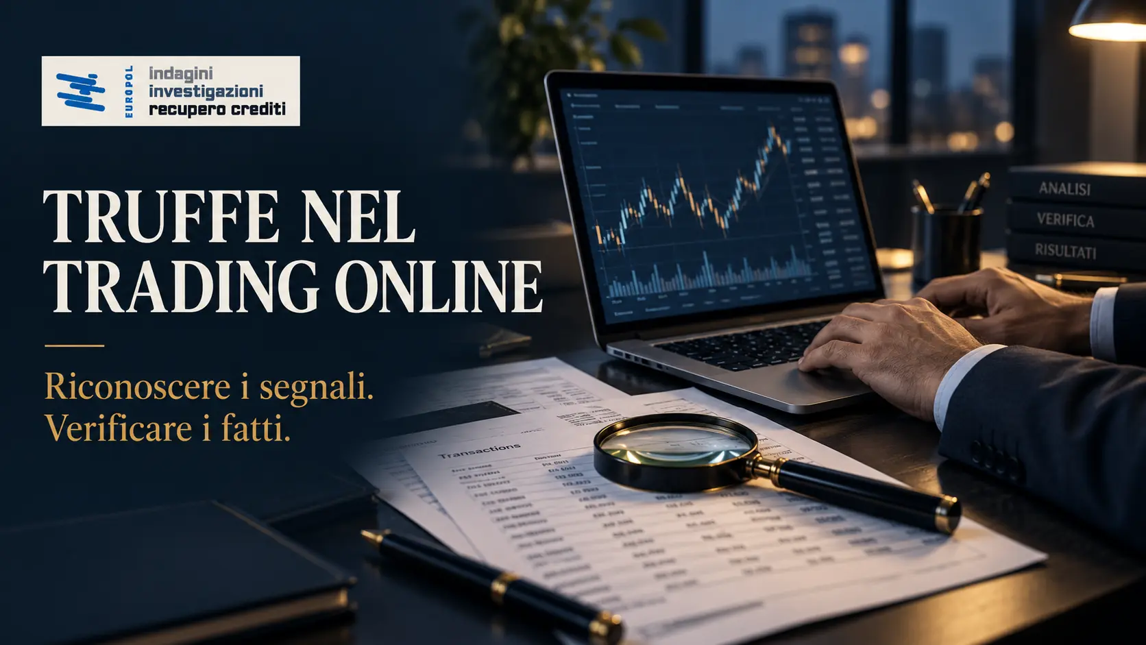 Analisi di transazioni e grafici finanziari per individuare possibili truffe nel trading online, con logo Europol Investigazioni