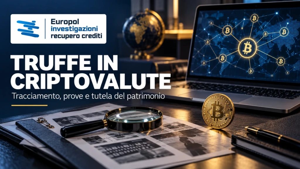 Computer con rete di transazioni blockchain, moneta Bitcoin e lente su documenti, con logo Europol Investigazioni.