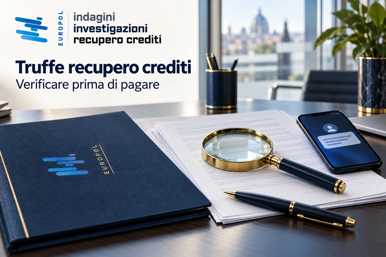 Truffe recupero crediti: documenti, telefono e logo Europol Investigazioni